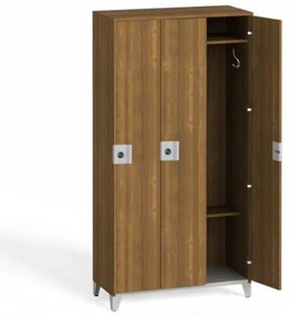 Drewniana szafka ubraniowa na nogach, 3-drzwiowa, 1750 x 900 x 400 mm, demontaż, zamek obrotowy, orzech