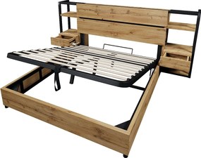 Łóżko z pojemnikiem dla dorosłych 160x200cm z drewna - z portem ładowania USB i typu C - z 2 szufladami - z stelażem na listwach - Naturalne