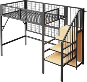 Łóżko piętrowe metalowe dla dzieci - 90 x 200 cm - z szafą + oświetleniem LED + schowkiem w schodach - MDF + Metal - czarne