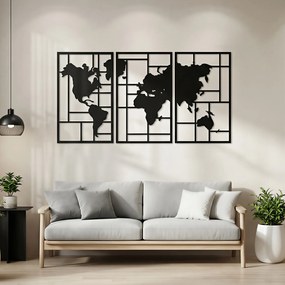 HOMCOM Dekoracja ścienna z metalu, 3 części, mapa świata, sztuka na ścianę do salonu, sypialni, przedpokoju, 50 x 80 cm, czarny | Aosom PL