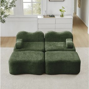 Canapé 2 places d'angle modulable en velours, avec 2 pouf, 192x167x70cm, Vert