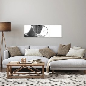 Obraz - czarno - biały portret kobiety (z zegarem) (90x30 cm)