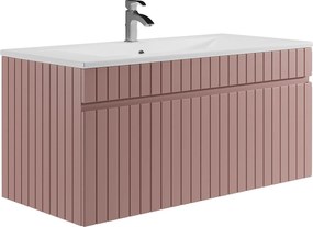 Szafka łazienkowa wisząca  ryflowana różowa z umywalką wpuszczaną w blat - 100 cm - SATARA