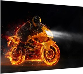 Obraz na szkle - Motocyklista z płomieniami (70x50 cm)