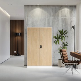 Szafa biurowa na akta szeroka Eco Design Jan II, 115x40x185 cm, biały/dąb sonoma