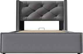 Łóżko z pojemnikiem 90x200 cm – łóżko pojedyncze z tapicerowanym zagłówkiem – szara bawełna – materac w zestawie