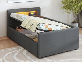 Łóżko z pojemnikiem 90×200 cm - z oświetleniem LED - z portem USB do ładowania - z półkami - aksamit - ciemnoszare (materac nie jest dołączony)