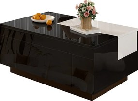 Stolik kawowy błyszczący - 80 x 50 x 35,5 cm - blat wysuwany + 1 szuflada + diody LED - MDF - czarny