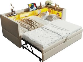 Kanapa rozkładana tapicerowana 90/180x190 cm - z oświetleniem LED - z gniazdkiem - liczne schowki - beżowa (materac nie wchodzi w skład)