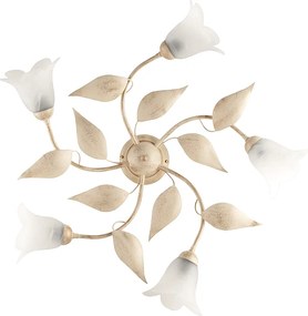 Olga – lampa sufitowa z lakierowanego żelaza w kolorze kości słoniowej, dekor stare złoto, klosze z białego alabastru Ø14 cm, 5 świateł, Ø70 cm