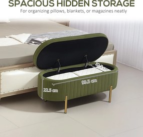 HOMCOM Ławka do przechowywania Owalna z 72L pojemności i otwieranym przykryciem w aksamicie i drewnie, 108x44x43,5 cm, Zielona