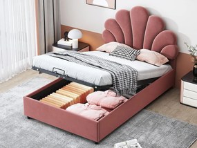 Łóżko z tapicerowanym welurowym zagłówkiem - 90x200cm - zagłówek w kształcie kwiatu - z stelażem na listwy - Różowe