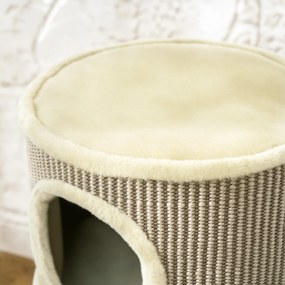 PawHut Beczka do drapania, wysokość 49 cm, Ø35,5 cm dwupoziomowa beczka z obszyciem z pluszu mata do drapania, 2 kryjówki Khaki+Kawowy