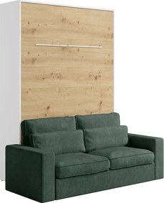 Łóżko chowane w szafie 160 x 200 cm - Ręczne otwieranie pionowe - Z LEDami - Białe i naturalne + kanapa Zielona - RAPILI