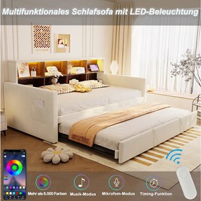 Sofa tapicerowana z funkcją spania - 90 x 190 cm - z wysuwanym łóżkiem 90 x 190 cm + zagłówek ze schowkiem + oświetlenie LED - welur - beż