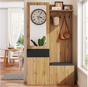 Szafka z lustrem - 98,5 x 38 x 191 cm - z szafką na buty + szufladą + 2 drzwi + ławką - MDF - naturalny