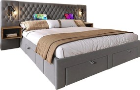 Łóżko dla dorosłych 160x200 cm - z oświetleniem LED i USB, 4 szuflady - szary aksamit - bez materaca