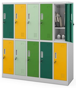 Szafka szkolna BHP szaro-wielokolorowa: 10-drzwiowa BARTUŚ, 1360 x 1500 x 450 mm