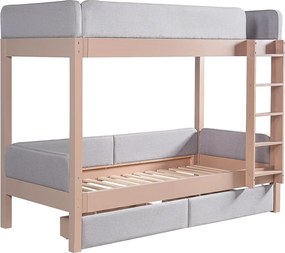Tapicerowane łóżko piętrowe 90x200cm - z 2 szufladami - pianka antyurazowa - z 4-stopniową drabiną - drewno hevea + MDF - Naturalny+Szary​ (bez materaca)