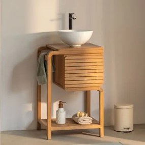 Zestaw Mebli Łazienkowych Bradley Z Drewna Tekowego Okrągły Biały Ceramiczny Ø30 Cm Calgari & Bezlusterkowiec & - Sklum