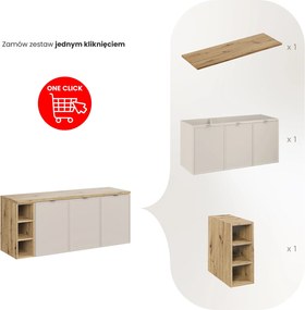 Trzydrzwiowa szafka łazienkowa Bella 140 cm z regałem i blatem, kaszmir/dąb artisan