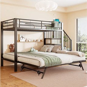 Łóżko piętrowe dla dzieci - 90 x 200 cm + 90(180) x 200 cm - rama żelazna - łóżko wysuwane - drabinka ze schowkiem - metal - czarne