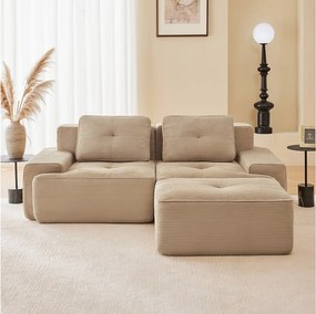 Modułowa Sofa 2-osobowa w Welurze żebrowanym, z pufą i 2 poduszkami, 204x177x69cm, Beżowy