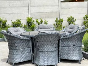 Meble stołowe z technorattanu (6 foteli + duży okrągły stół) MODERNO szary