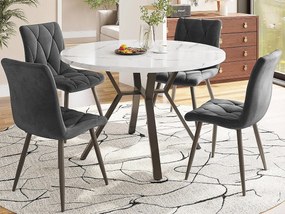 Nowoczesny okrągły stół jadalny (średnica 1m), metalowa podstawa w kształcie X, blat z motywem marmuru, biały