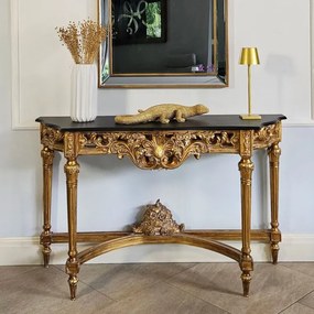 Barokowa konsola, kolor ciemnozłoty, czarny blat.