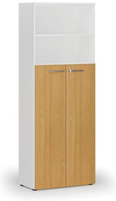 Szafa biurowa kombinowana PRIMA WHITE, drzwi na 4 poziomach, 800 x 420 x 2128 mm, biały/buk