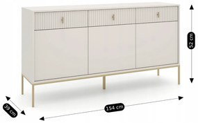Komoda do Salonu Sypialni MARCOS 154 cm Kaszmir/Złoty Ryflowana Trzydrzwiowa z Szufladami Nowoczesna