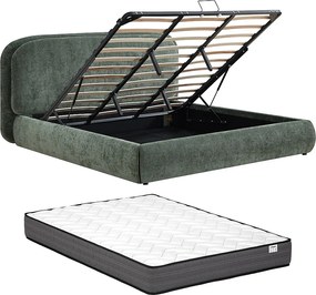 Łóżko ze skrzynią 160 x 200 cm – Tkanina teksturowana – Zielony + Materac – ZORIMA