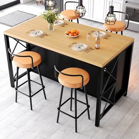 Zestaw wyspowy centralny z 4 hokerami barowymi (5 szt.) - 150 x 80 x 90 cm - z 3 szufladami i szklanymi drzwiami - MDF - czarny + naturalny