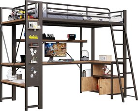 Łóżko na antresoli 90x200 cm - Konstrukcja stalowa - Oświetlenie LED - Biurko z półką - Port USB - Czarny​ (materac nie jest wliczony w cenę)