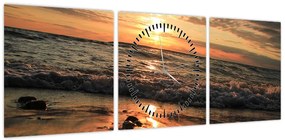 Obraz - Zachód słońca nad oceanem (z zegarem) (90x30 cm)
