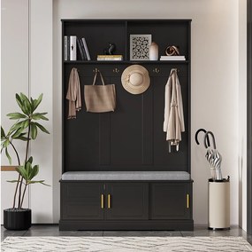 Czarny wieszak z ławką na buty, 6 haczykami i schowkiem - Kompaktowy mebel do przedpokoju