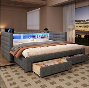 Leżanka 90x190 cm, łóżko wysuwane z oświetleniem LED i USB, 2 szuflady - aksamitny Grey  (bez materaca)