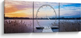 Obraz - Zamarznięte jezioro, Ełk, Mazury, Polska (z zegarem) (90x30 cm)