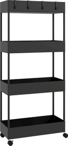HOMCOM Wózek kuchenny z 4 półkami, 4 elastycznymi hakami, 4 kółkami, 40 cm x 19 cm x 90 cm, Wózek do niewielkich przestrzeni, Czarny