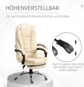 HOMCOM Fotel Biurowy Szefowski z Podnóżkiem Kremowo Biały Regulowane Oparcie i Pochylenie Komfort Pracy | Aosom PL