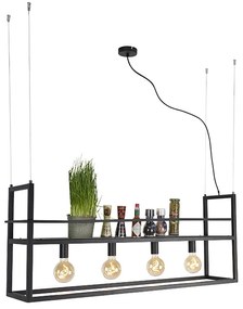 Industrialna lampa wisząca czarna z półką duża 4 światła - Cage RackPrzemysłowy Oswietlenie wewnetrzne