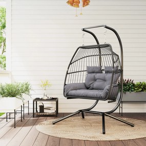 Outsunny Fotel Wiszący z Rattanu, Składana Konstrukcja z Poduszką, Stelaż Stalowy, Do Wewnątrz i Na Zewnątrz, Do 260 kg, Ciemnoszary