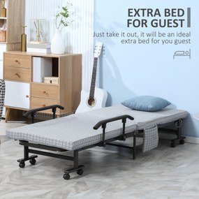 HOMCOM Łóżko Składane dla Gości z Regulowanym Oparciem Podłokietniki 8 Kółek Stal Szary Czarny 190x76x33cm | Aosom PL