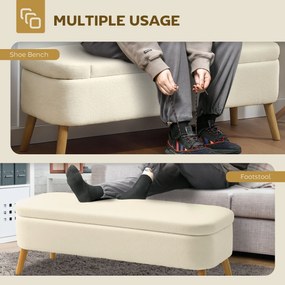 HOMCOM Ławka z miejscem do przechowywania, 65 L, materiał Teddy-Fleece, drewno kauczukowe, 120 x 42 x 45 cm, Beżowy | Aosom PL