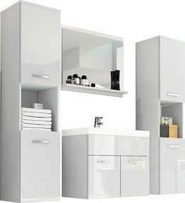 Zestaw mebli łazienkowych, komplet wiszący z umywalką, lustrem i 2 słupkami, korpus biały mat fronty biały połysk