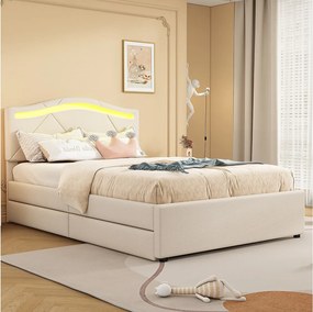 Łóżko tapicerowane - 90 x 200 cm - z regulowanym zagłówkiem i 2 szufladami - tkanina lniana - diody LED - kolor beżowy