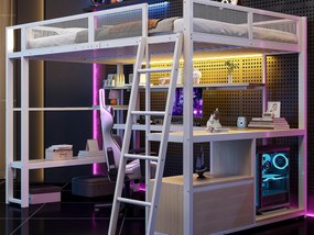 Łóżko na antresoli z metalu 140x200 cm - z oświetleniem LED - z biurkiem i półką do przechowywania - z portem USB - Biały (materac nie jest wliczony w cenę)