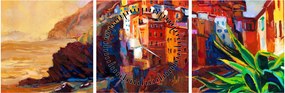 Obraz - Wieś na wybrzeżu Cinque Terre, Włoska Riviera, nowoczesny impresionism (z zegarem) (90x30 cm)