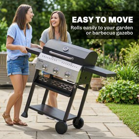 Outsunny Grill gazowy 9 kW 3 palniki BBQ wózek ze stali nierdzewnej ze składanymi półkami, uchwytem na przyprawy, dolną półką i 6 haczykami | Aosom PL